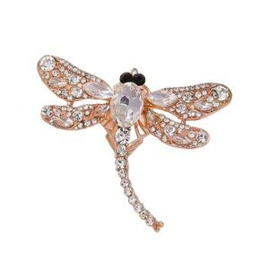 Elegant Crystal Dragonfly Brooch Pin Gold tone Rhinestone
